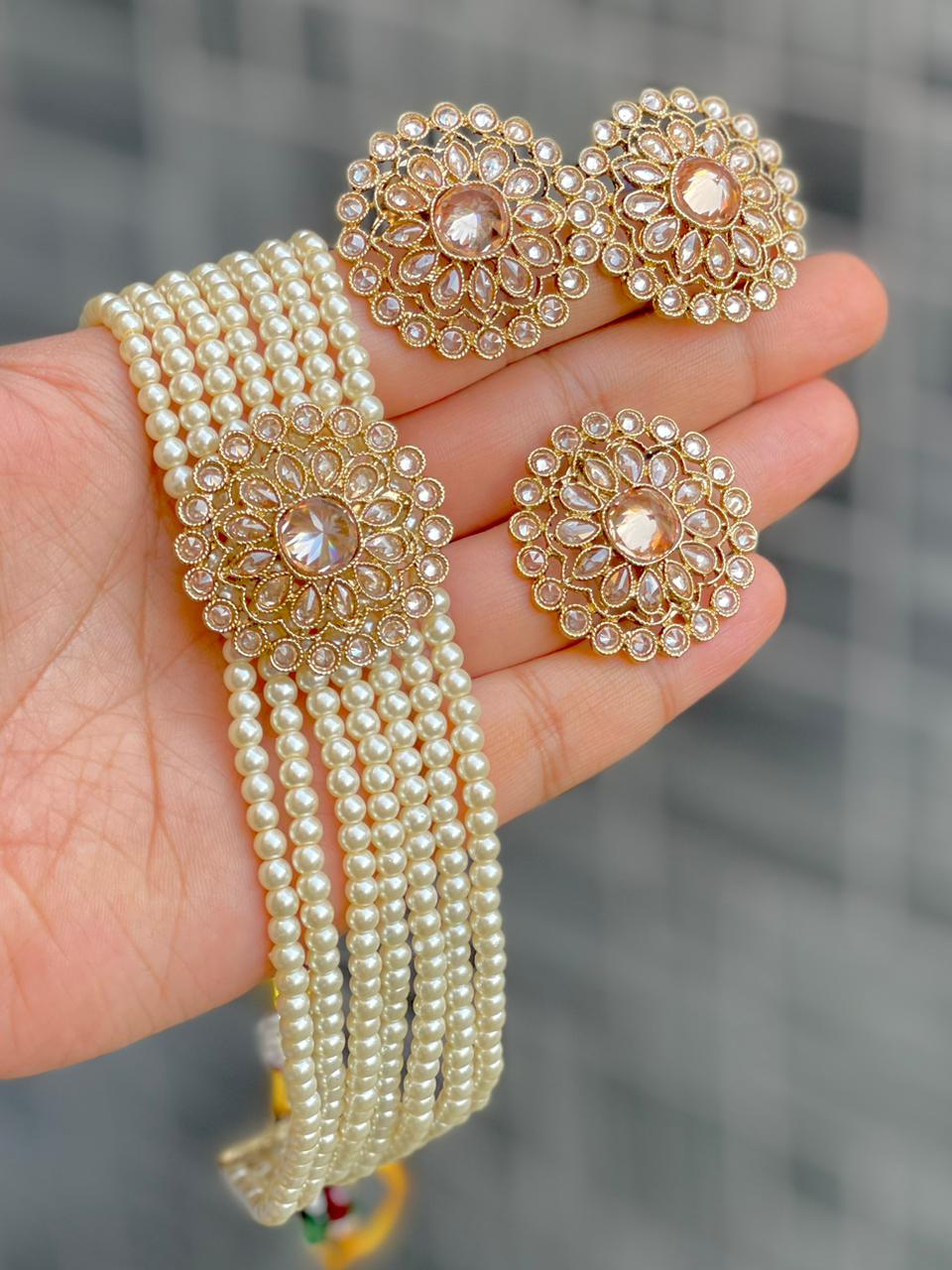 Reverse Ad Pearl Chokker With Beautiful Tops And Ring Combo